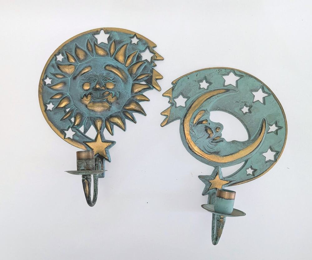 Sun Moon Stars Celestial Vintage PartyLite CandleHolders Sconce Brass Verdigris